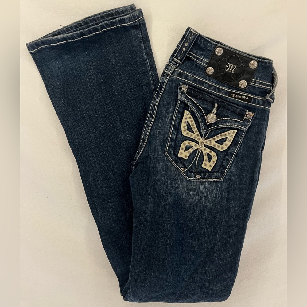 Miss Me Women’s Butterfly Rhinestone Pocket Boot Cut Denim Jeans Size 27